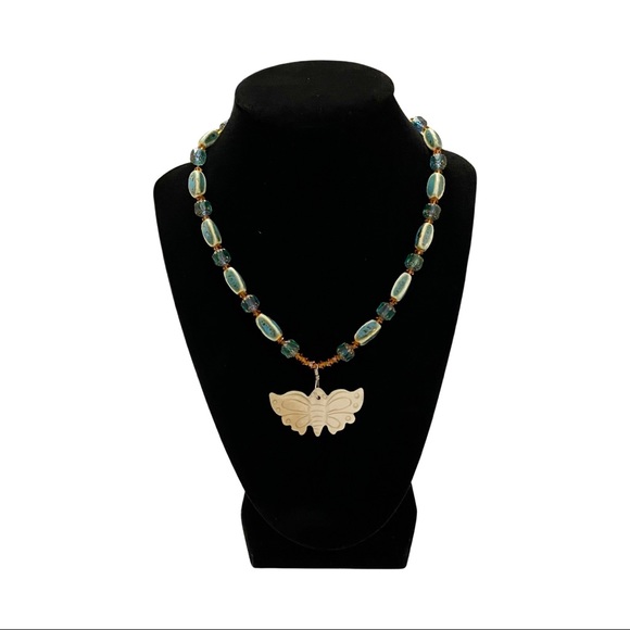 Royston Turquoise & Carved White Jade Butterfly Jewelry Set Necklace & Earrings - Picture 2 of 6